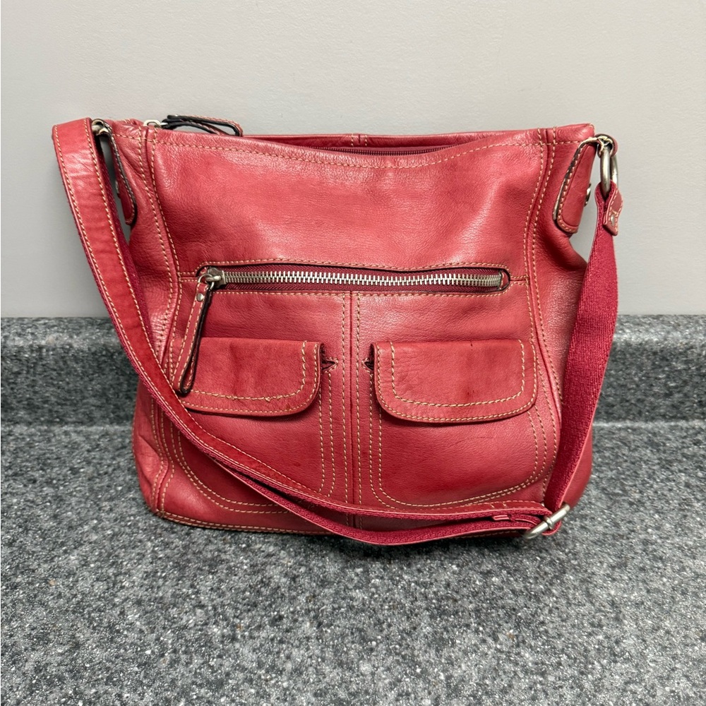FOSSIL Long Live Vintage Brick Red Pebbled Leather Crossbody Messenger Bag Purse